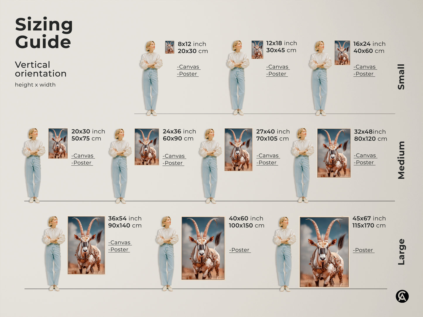 Sizing guide shows vertical orientation for desert oryx art. Visualize 8x12 to 45x67 inch prints.  See canvas and poster options for each size. Small medium and large sizes available. Perfect for any space or eclectic home.