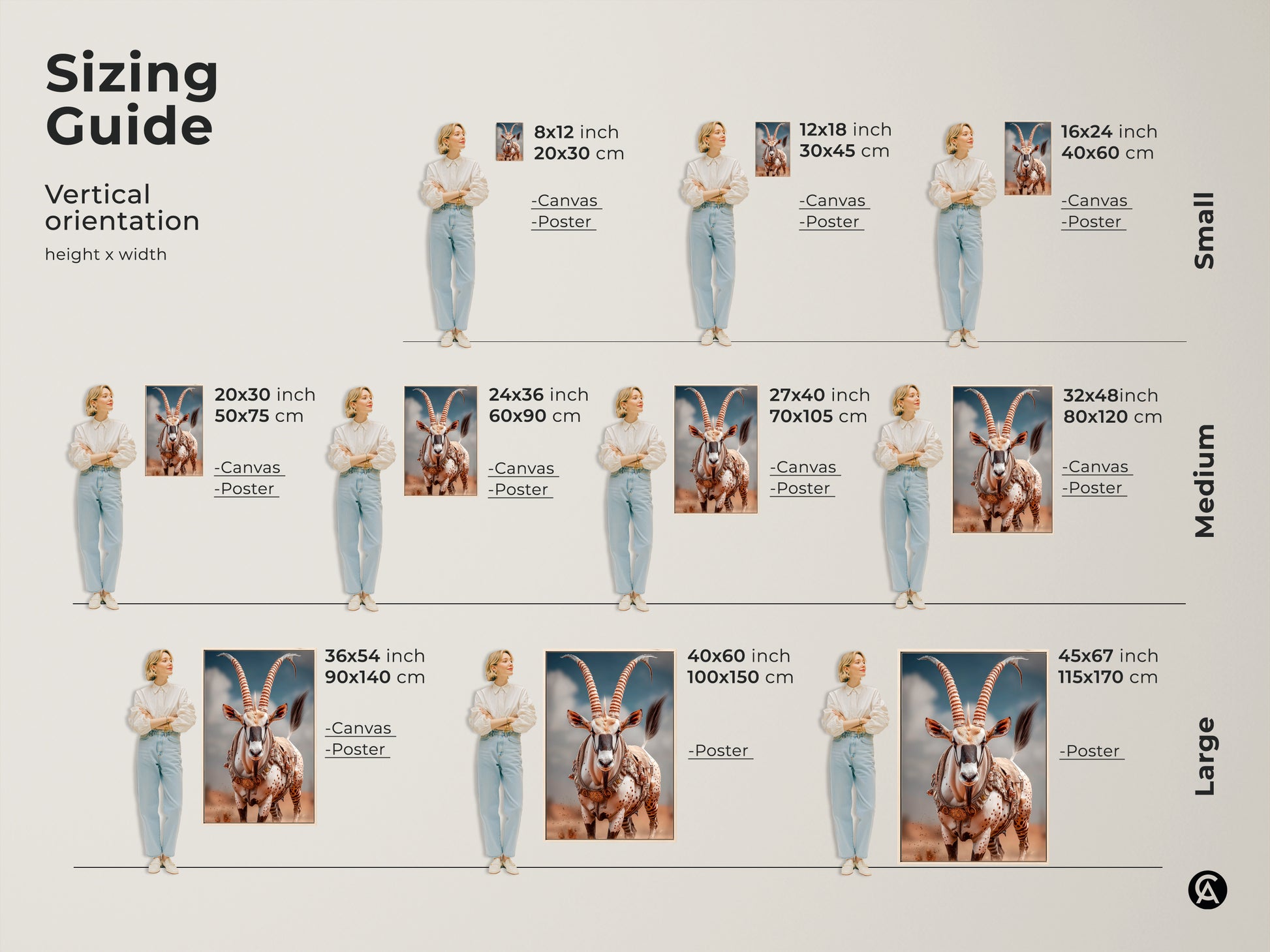 Sizing guide shows vertical orientation for desert oryx art. Visualize 8x12 to 45x67 inch prints.  See canvas and poster options for each size. Small medium and large sizes available. Perfect for any space or eclectic home.