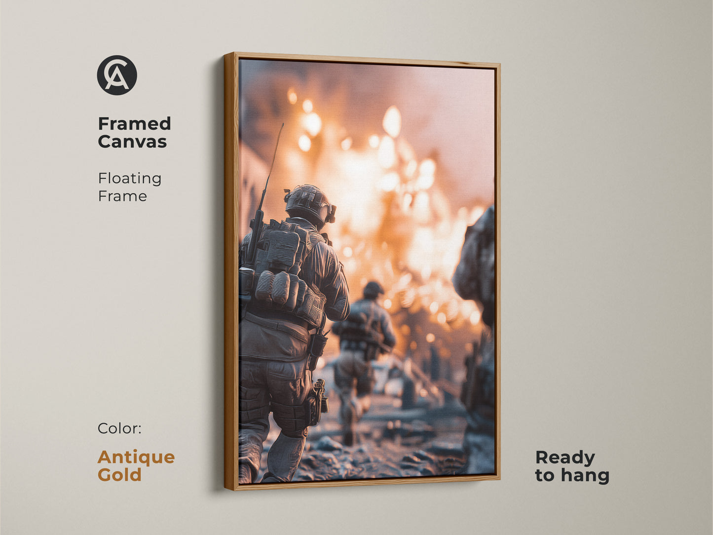 A framed canvas shows military action art. A soldier runs through an explosion. With an antique gold frame this gritty cinematic artwork is ready to hang. It's a unique gift for a veteran seeking powerful military decor.