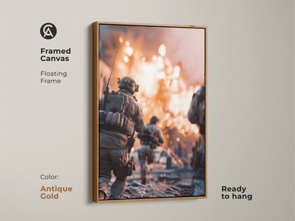 A framed canvas shows military action art. A soldier runs through an explosion. With an antique gold frame this gritty cinematic artwork is ready to hang. It's a unique gift for a veteran seeking powerful military decor.
