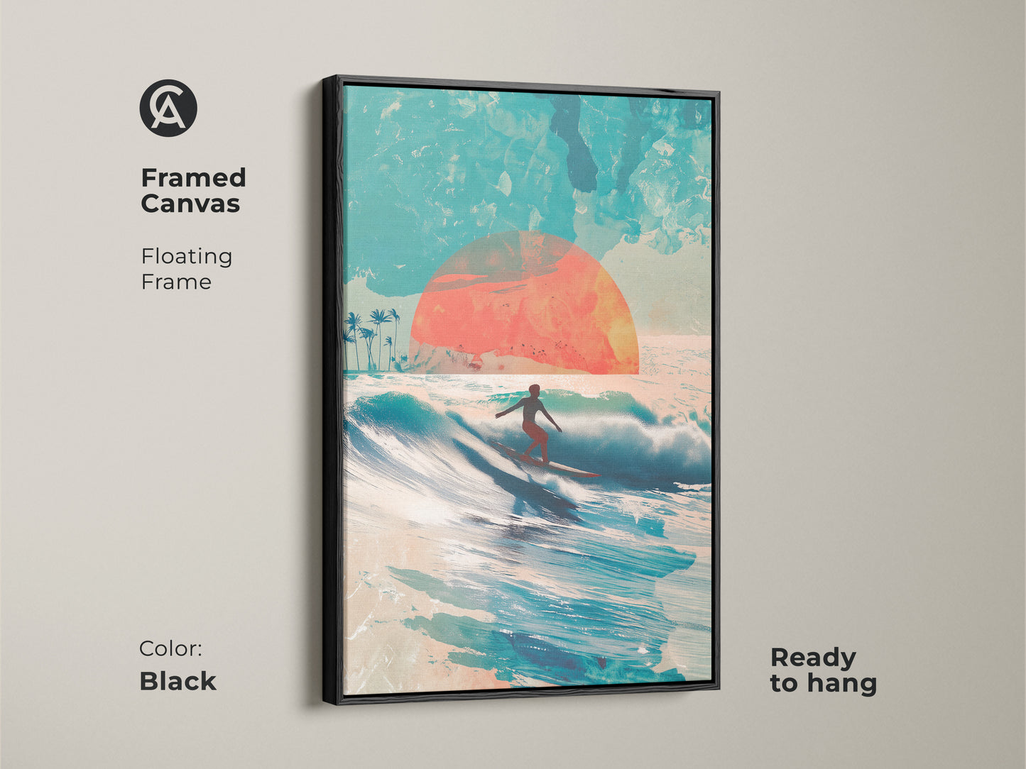 Black framed canvas art print of a surfer on a wave at sunset. This floating frame enhances the modern art. It's ready to hang and adds a sophisticated touch to any room. This wall decor brings the beach vibe indoors.