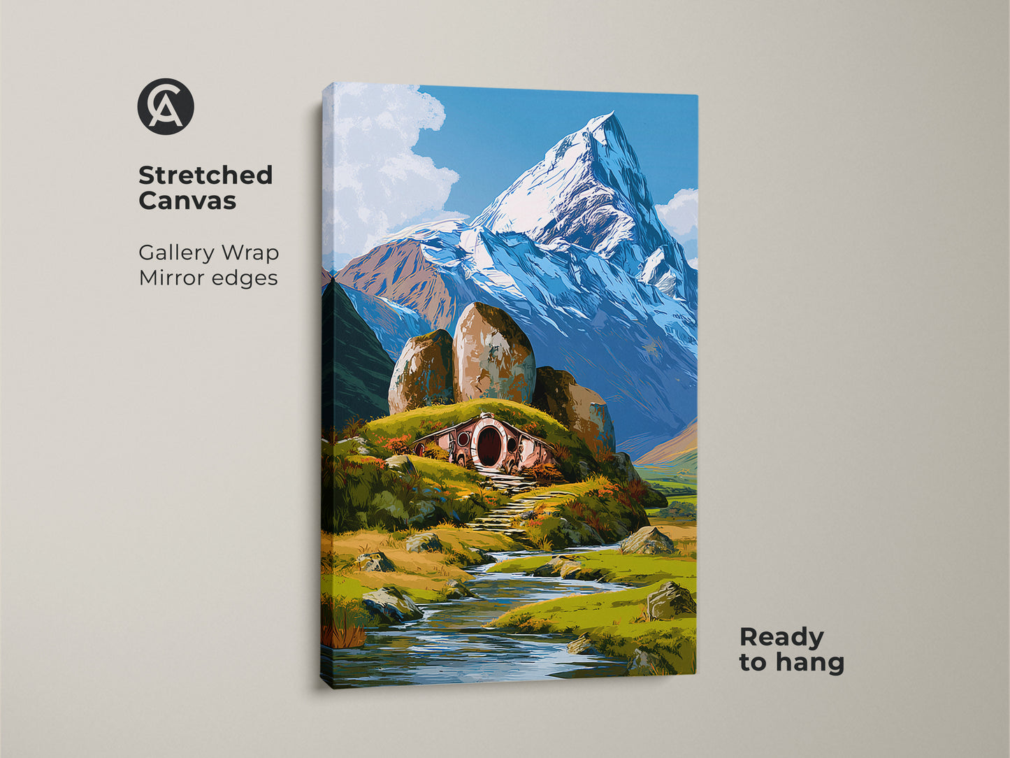 A stretched canvas print shows a fantasy hobbit hole. This nature inspired wall art has mirror edges. The gallery wrap of the snowy mountain landscape is ready to hang. It's an eclectic fantasy gift.