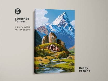 A stretched canvas print shows a fantasy hobbit hole. This nature inspired wall art has mirror edges. The gallery wrap of the snowy mountain landscape is ready to hang. It's an eclectic fantasy gift.