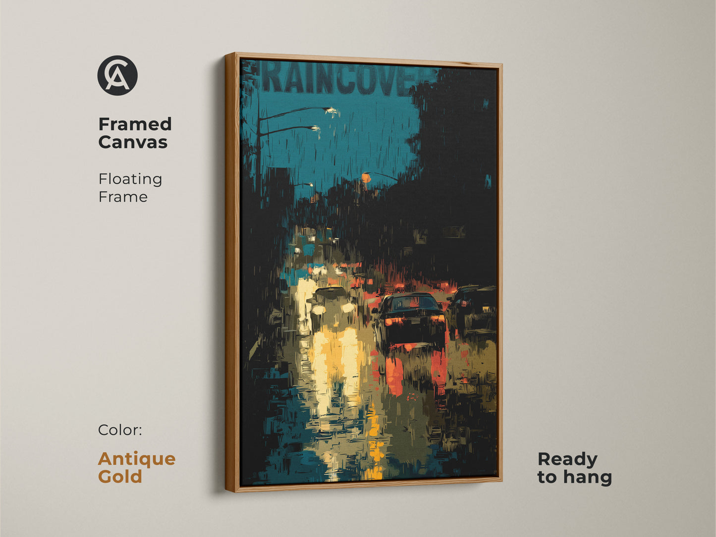 Framed in antique gold this canvas displays urban cityscape artwork. It is a rainy city street scene with contemporary teal and black colors. The yellow streetlight print is ready to hang. The car traffic artwork is modern apartment decor. This floating frame enhances the city night canvas.