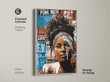 Framed canvas presents a punk mask woman portrait. This urban street art collage uses an eclectic palette. The floating frame provides a clean finish. The artwork is ready to hang. A white frame highlights this bold color art print. Perfect for eclectic wall decor. This is an alternative and unique art piece.