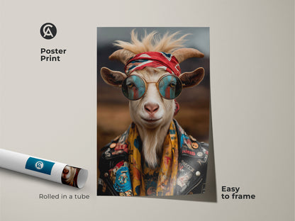 Rolled poster print of a funny animal canvas. Rockstar vibe wall art featuring a goat with sunglasses. This unique art is ideal for a quirky office a men's room or as a gift for him cool.