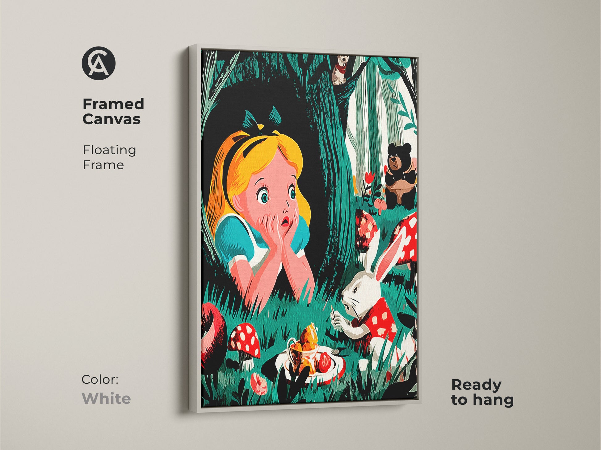 A framed canvas of Alice in Wonderland artwork is presented. Alice is seen with the White Rabbit and a bear in the forest. The white floating frame enhances this retro art. It makes for perfect fairytale wall art or kids room decor.