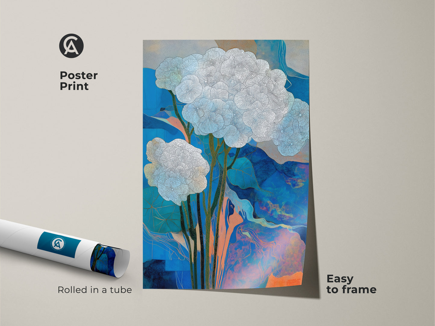 Abstract floral artwork as a poster print. The modern botanical print features blue and orange colors. It is rolled in a tube for easy framing. This contemporary nature artwork is a stylish choice. It is ideal as art print for office or gift for plant lovers.