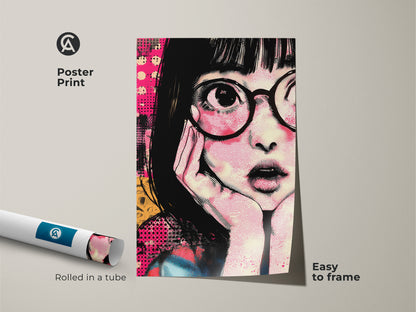 Anime girl poster print rolled in a tube. This retro pop art canvas features a girl with glasses. The hot pink and yellow artwork makes a great anime fan gift. It's an eclectic bedroom decor piece. This graphic art print is easy to frame and hang. It's a colorful wall decor for any space.