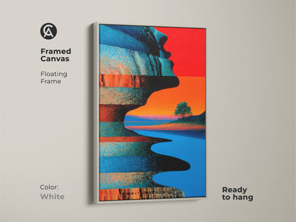 This white framed canvas presents abstract artwork. It is a canvas print that blends a surreal landscape with a contemporary profile. This eclectic art adds a vibrant touch to any room. Ideal as a housewarming gift or as office art.