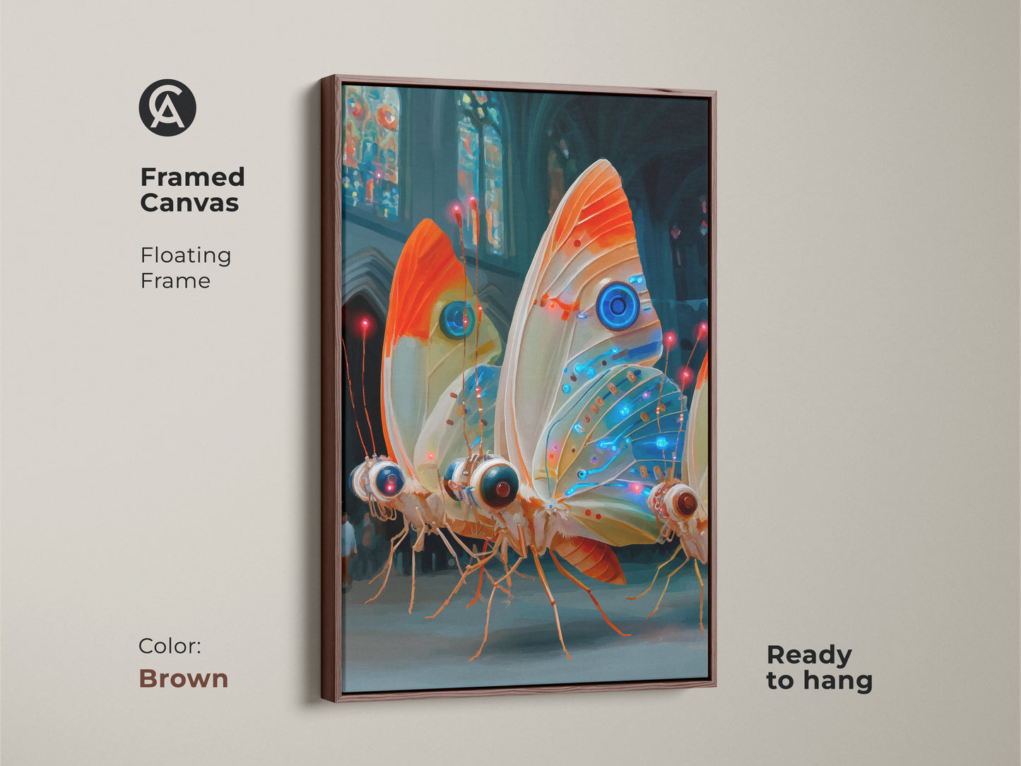 This framed canvas of cyberpunk insects is ready to hang. The floating frame is a brown color. The electric blue orange teal art is great for modern home decor. This surrealism canvas print is a unique wall hanging. Perfect eclectic art for sale and unique gifts.