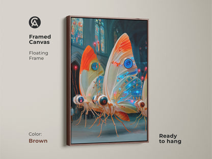 This framed canvas of cyberpunk insects is ready to hang. The floating frame is a brown color. The electric blue orange teal art is great for modern home decor. This surrealism canvas print is a unique wall hanging. Perfect eclectic art for sale and unique gifts.