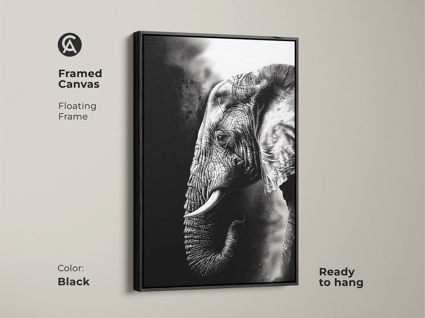 Black framed canvas of a monochrome elephant creates striking wall art. The floating frame enhances this wildlife animal canvas. Ready to hang the black and white elephant print offers modern home decor. This fine art elephant artwork suits any room.