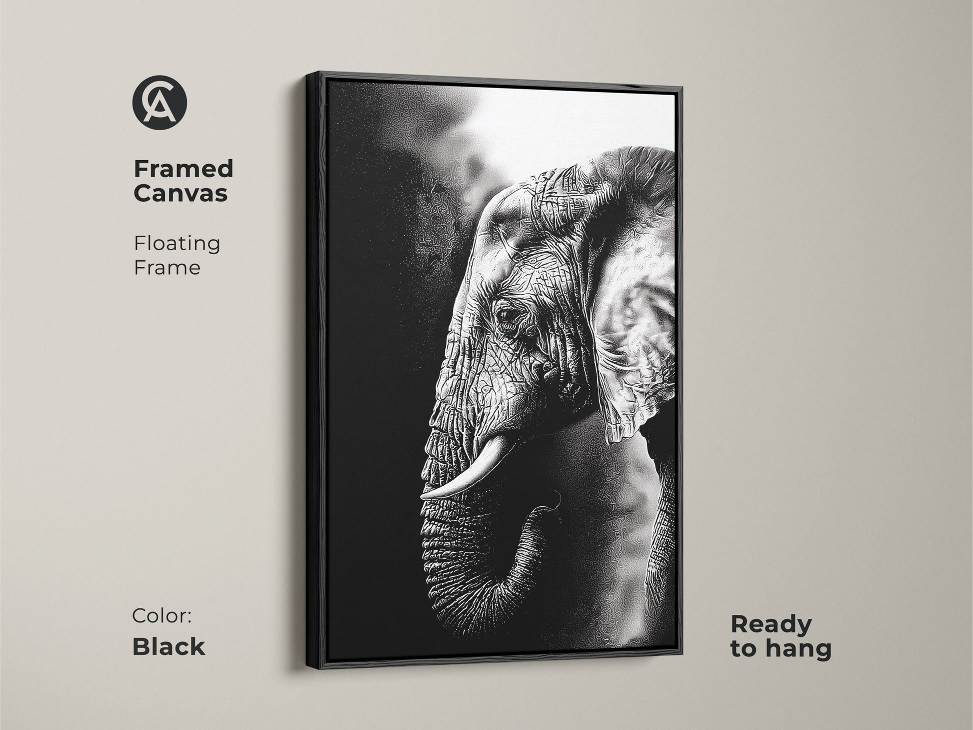 Black framed canvas of a monochrome elephant creates striking wall art. The floating frame enhances this wildlife animal canvas. Ready to hang the black and white elephant print offers modern home decor. This fine art elephant artwork suits any room.