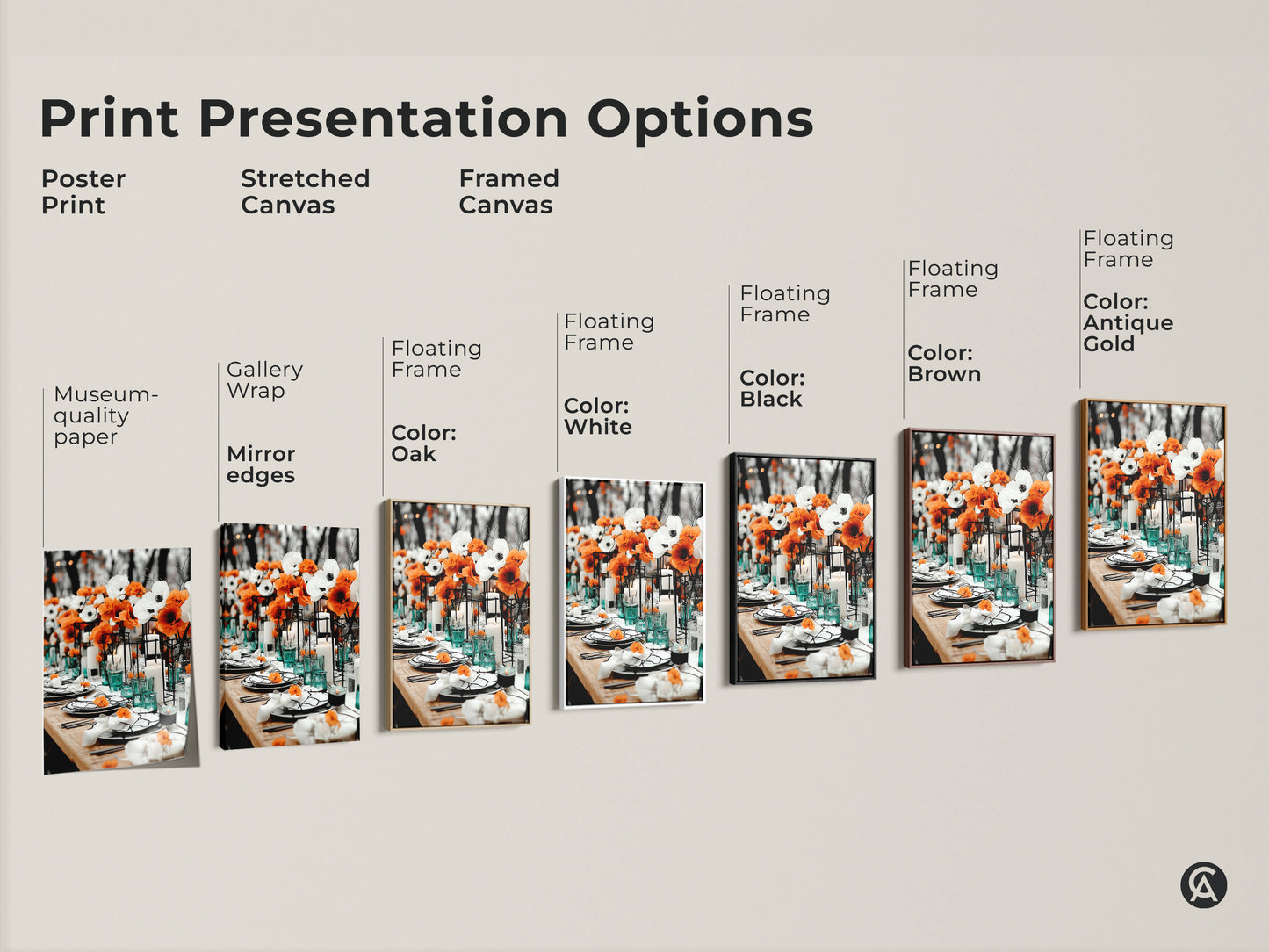 Explore print presentation options including poster prints stretched canvas and framed canvas. Choose from various floating frame colors like black brown and antique gold. Find the perfect floral centerpiece print for your contemporary dining room or upscale restaurant art. Enhance your home decor with elegant orange and white anemone artwork.