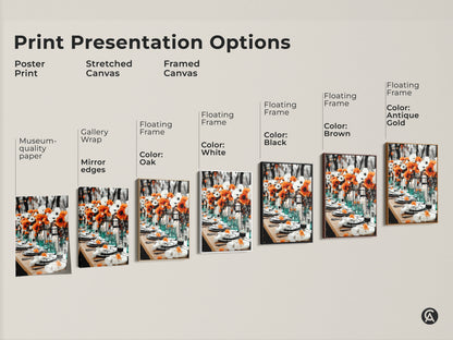 Explore print presentation options including poster prints stretched canvas and framed canvas. Choose from various floating frame colors like black brown and antique gold. Find the perfect floral centerpiece print for your contemporary dining room or upscale restaurant art. Enhance your home decor with elegant orange and white anemone artwork.