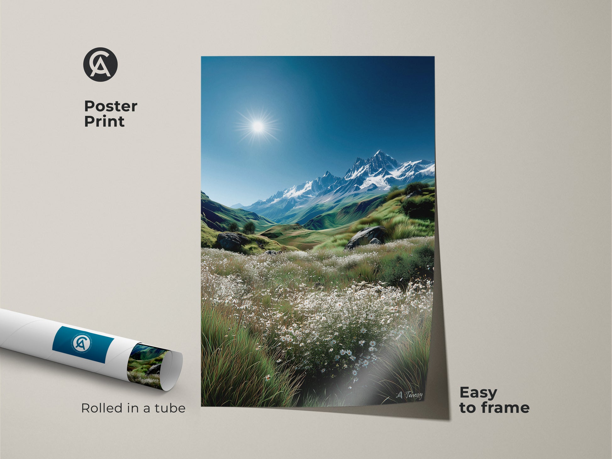 Bring the beauty of nature indoors with this mountain landscape poster print. This museum-quality paper print showcases a breathtaking mountain scene. Rolled in a tube for easy framing. Add a touch of elegance to your walls with this landscape art.