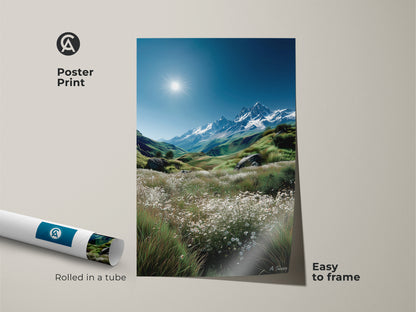 Bring the beauty of nature indoors with this mountain landscape poster print. This museum-quality paper print showcases a breathtaking mountain scene. Rolled in a tube for easy framing. Add a touch of elegance to your walls with this landscape art.