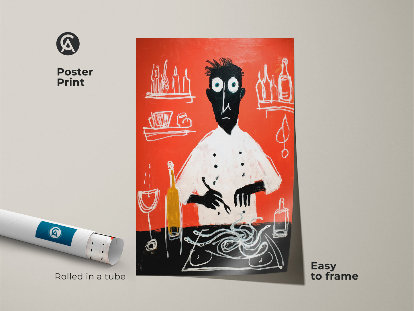 This is a poster print of an expressive chef with spaghetti. The red background and modern folk art style add a unique touch to kitchen decor. It comes rolled in a tube ready to frame as a food art gift. This abstract chef art is perfect for any home cook.