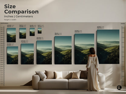Size comparison of forest green and misty blue landscape art. Available in various sizes. This canvas print or poster adds a touch of nature. Perfect for bedroom decor or as a housewarming gift. Find the ideal size to enhance your home's wall decor.