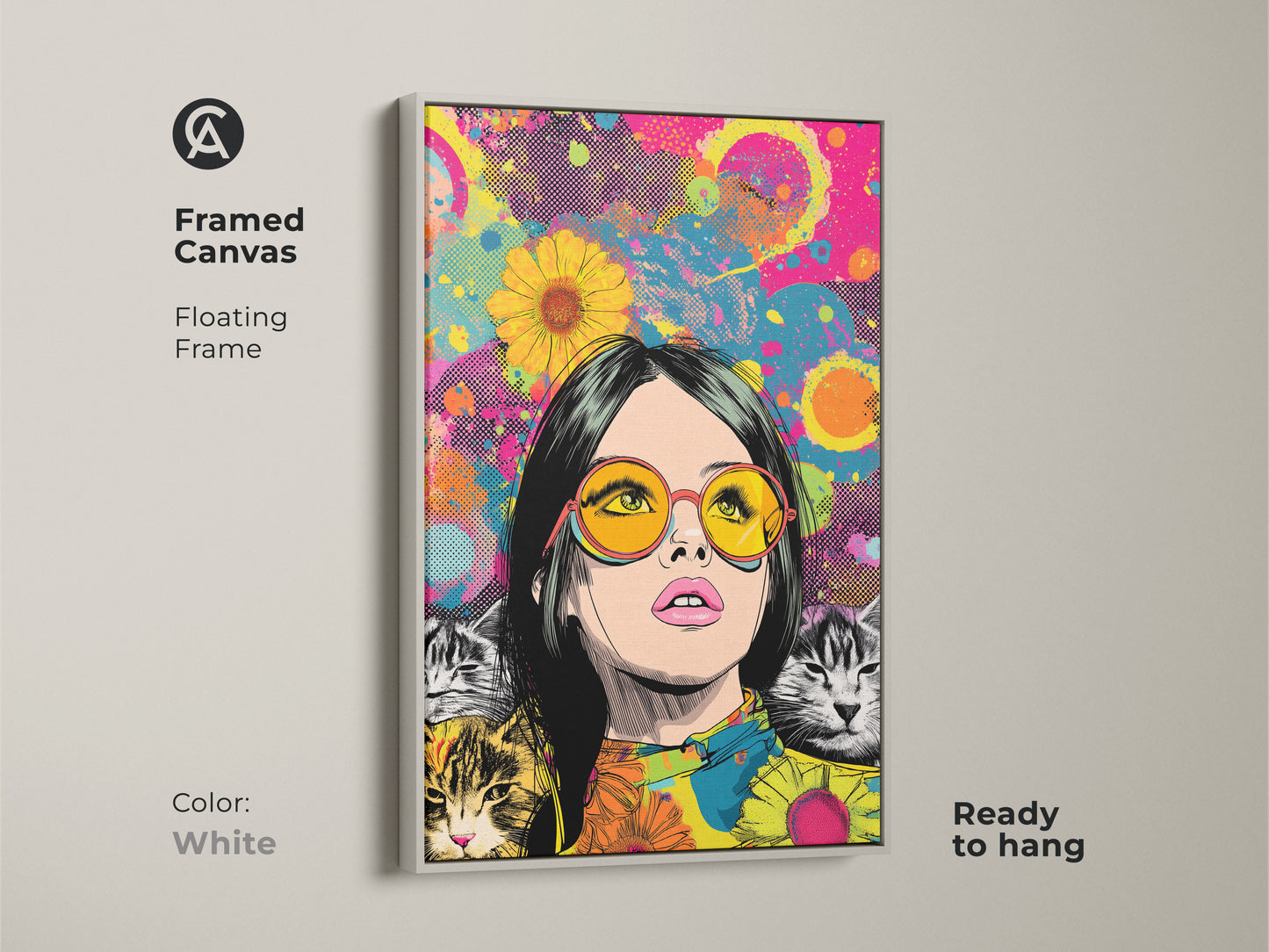 Framed canvas print of a pop art woman with cats in a floating white frame. This retro cat lover gift is ready to hang. The eclectic wall art print suits any decor style. Its hot pink yellow teal colors make it vibrant. This animal portrait canvas is a unique wall hanging art. Perfect vibrant home decor.