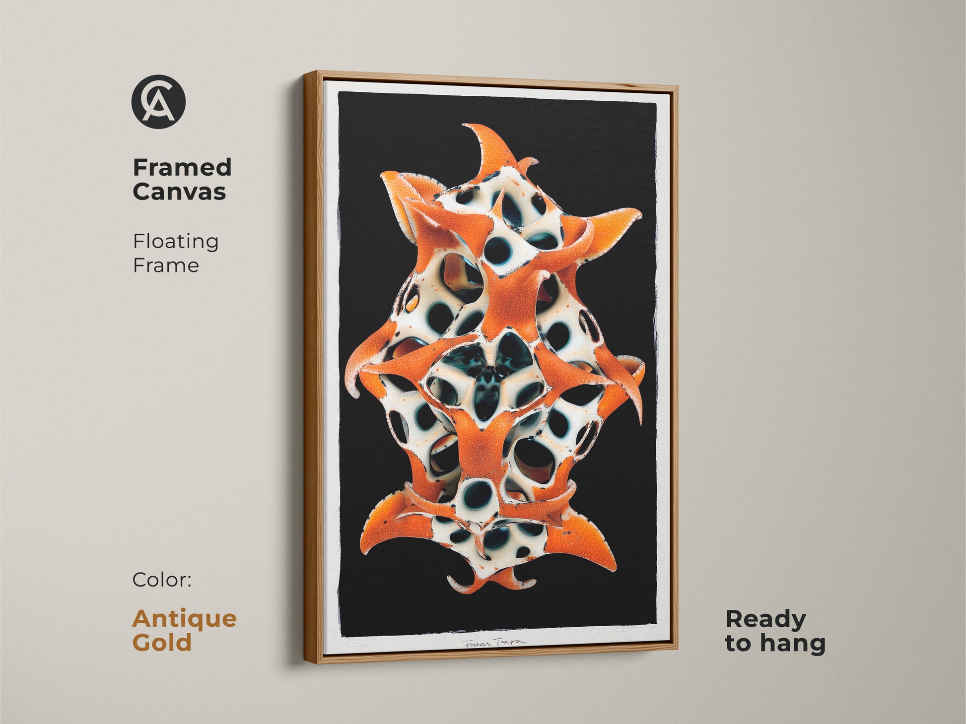 Framed Canvas with a floating frame in antique gold. Surreal biomorphic sculpture is a statement piece. Orange black white abstract art adds modern sophistication. Ideal housewarming gift for the art collector. Ready to hang