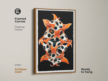 Framed Canvas with a floating frame in antique gold. Surreal biomorphic sculpture is a statement piece. Orange black white abstract art adds modern sophistication. Ideal housewarming gift for the art collector. Ready to hang
