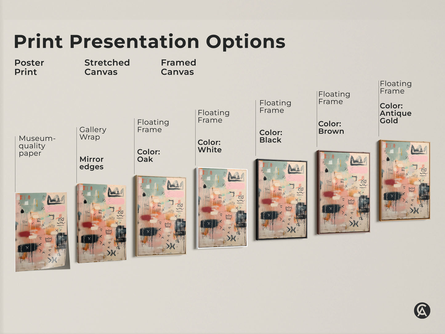 Explore print presentation options for abstract art. Choose from poster prints stretched canvas or framed canvas. Customize your artwork with floating frames in various colors. Find the perfect art for your space.