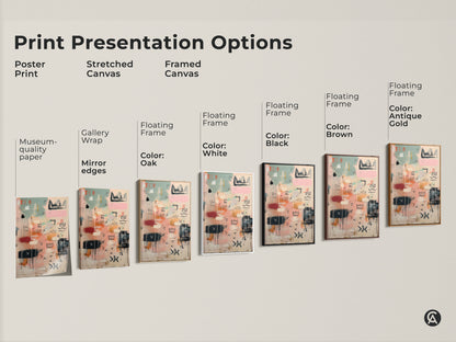 Explore print presentation options for abstract art. Choose from poster prints stretched canvas or framed canvas. Customize your artwork with floating frames in various colors. Find the perfect art for your space.