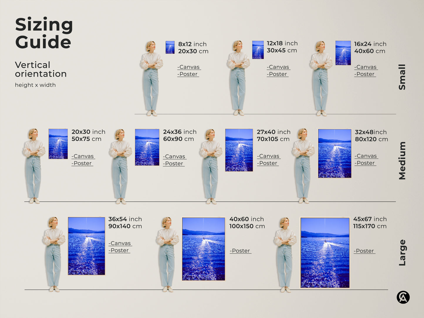 Sizing guide for speedboat lake art prints. Vertical orientation options are available in canvas and poster formats. Find the perfect size to complement your home decor with this contemporary blue art print.