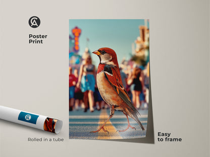 This poster print shows a sparrow in a contemporary urban street scene. Rolled in a tube this sparrow street art print is easy to frame. This urban wildlife artwork features photorealistic bird art in orange brown teal tones. It's ideal as modern entryway decor.