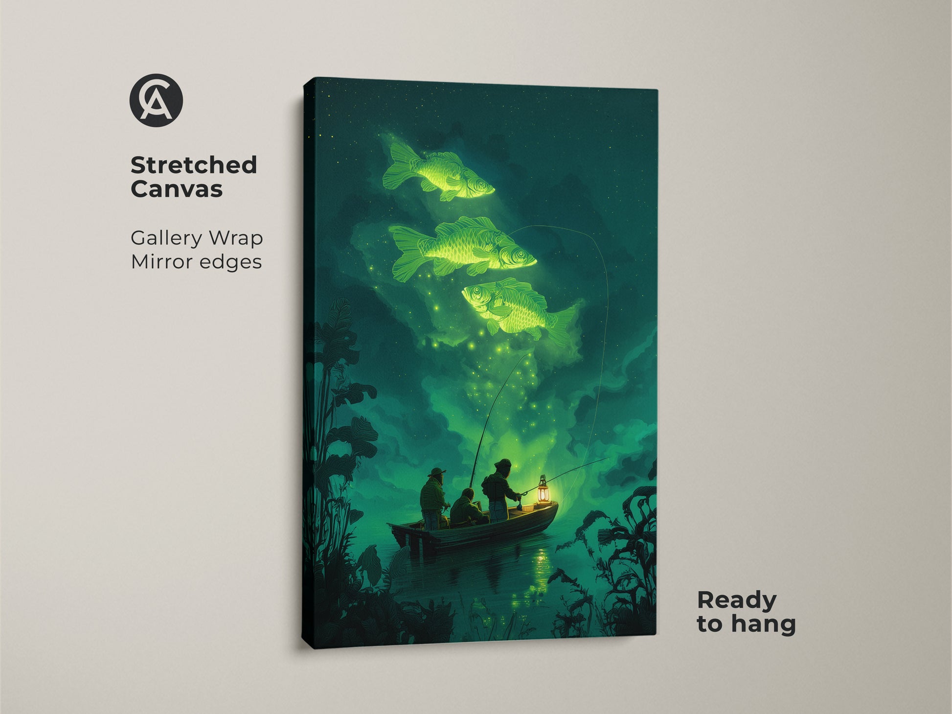 Close-up of a stretched canvas gallery wrap. The surreal fishing wall art features mirror edges. It's ready to hang. The fantasy nature canvas art shows glowing carp and fishermen in a rowboat. This emerald green carp print is a unique gift for fishermen.