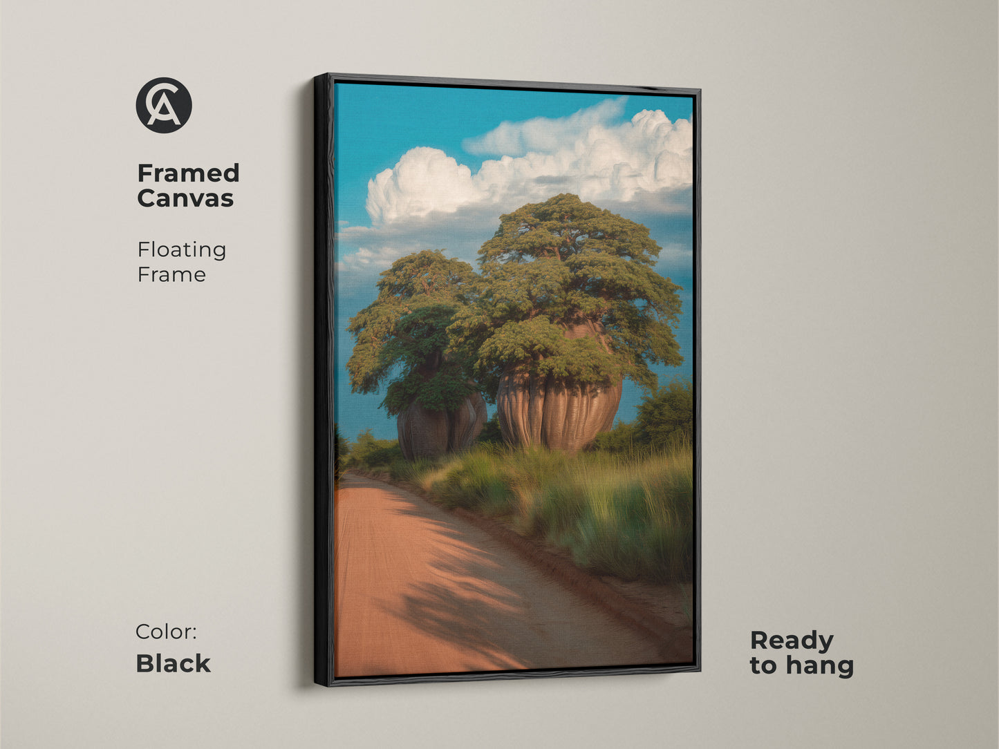Framed canvas of African baobab trees with a black floating frame. This ready to hang artwork features a realistic scenic painting. It's ideal boho home decor. Great as a travel gift idea or nature inspired wall art.