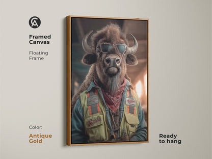 Framed canvas of the Anthropomorphic Bison Canvas with an antique gold floating frame. This Bison with Glasses Print is ready to hang. The animal lover gift idea adds character to any space. Its tan and teal tones complement various decor styles.