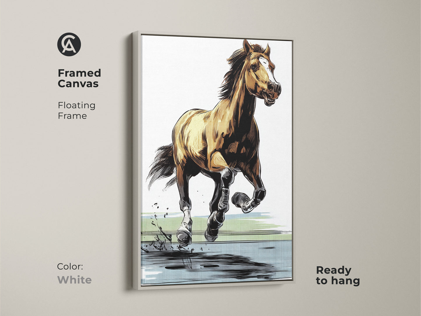 Framed canvas with a white floating frame showcasing a galloping horse art print. This modern horse sketch is ready to hang. The animal wildlife art combines brown yellow and blue tones. It is a striking graphic art print for equestrian canvas wall art.
