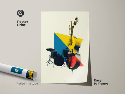 Poster print of abstract geometric music art rolled in a tube. Easy to frame featuring a double bass and trumpet. Yellow blue and red colors add a modern touch to any music space.
