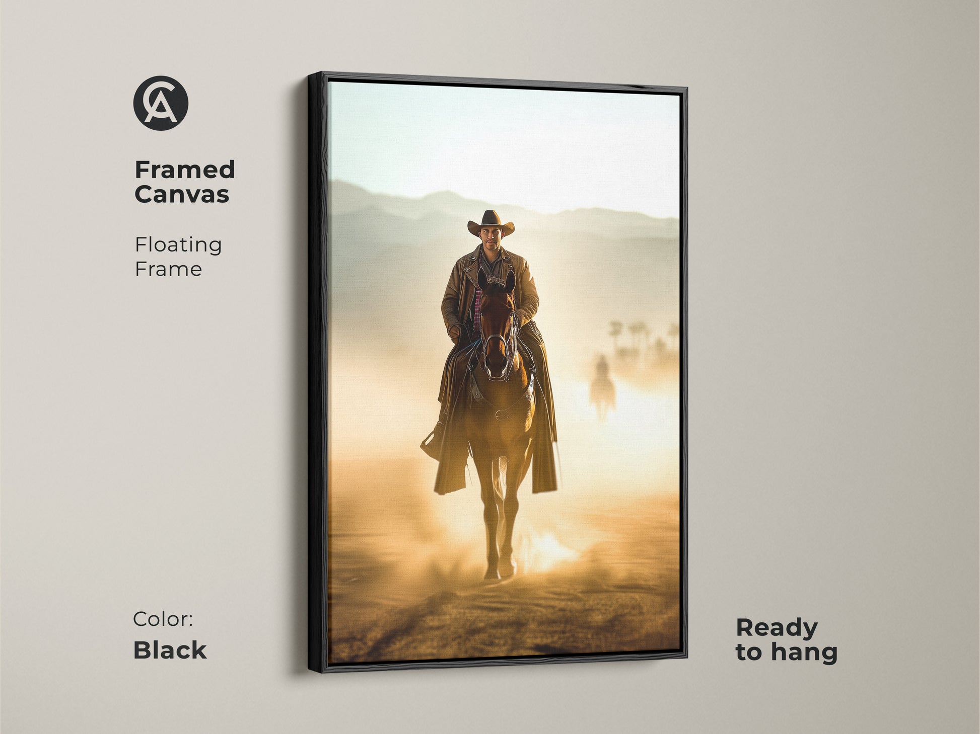 Framed canvas art featuring a Western cowboy on horseback. It has a floating black frame and ready to hang. The tan and brown artwork brings the spirit of the West. Ideal rustic decor for your office wall or living room.