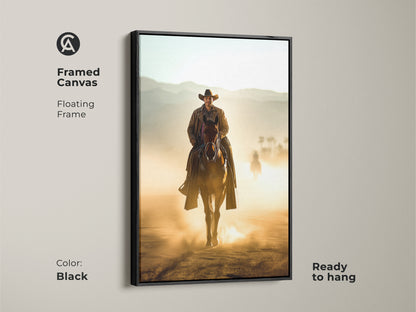Framed canvas art featuring a Western cowboy on horseback. It has a floating black frame and ready to hang. The tan and brown artwork brings the spirit of the West. Ideal rustic decor for your office wall or living room.