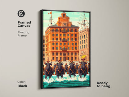 Framed canvas bull rider art in a black floating frame. This retro futurism print of an orange building adds eclectic charm to your office. Ready to hang this piece is unique.