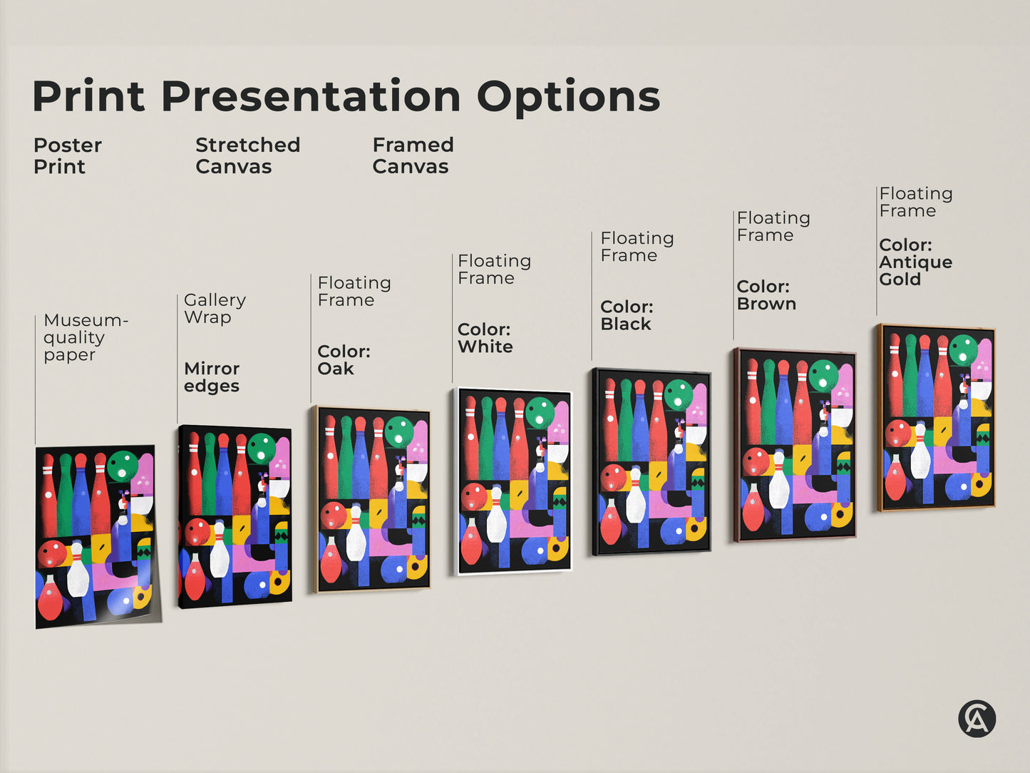 Print presentation options for abstract geometric art. See the bowling-inspired mid-century modern artwork available as a poster print stretched canvas or framed canvas. Each option brings a unique touch to game room wall decor. Options include museum-quality paper gallery wrap and floating frames in oak white black brown and antique gold.