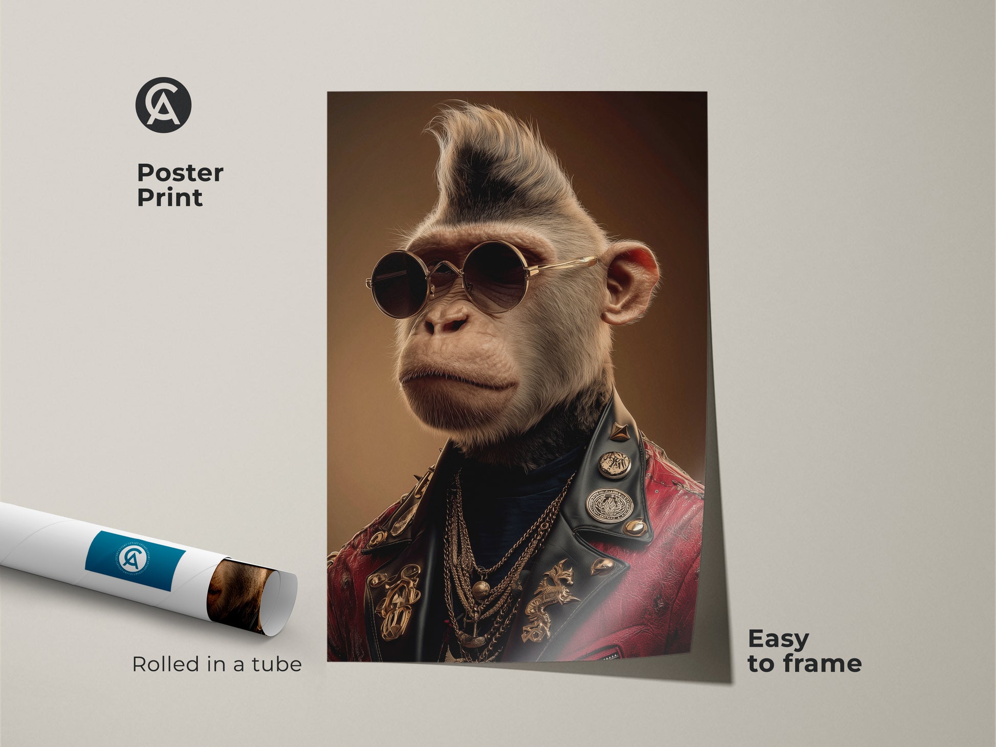 Poster print of a cool monkey dressed like a rockstar. This unique animal portrait comes rolled in a tube. It is easy to frame and adds a retro music aesthetic to any room.