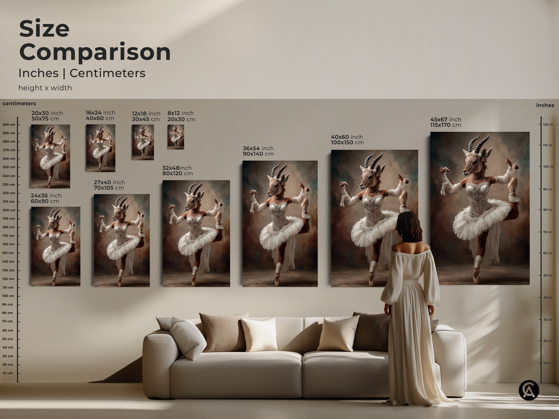 Size comparison featuring the ballerina gazelle artwork. Displayed above a sofa for scale. Visualize the impact of different sizes. A perfect bedroom wall hanging. Various sizes are available for the canvas and poster prints.