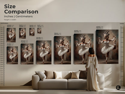 Size comparison featuring the ballerina gazelle artwork. Displayed above a sofa for scale. Visualize the impact of different sizes. A perfect bedroom wall hanging. Various sizes are available for the canvas and poster prints.
