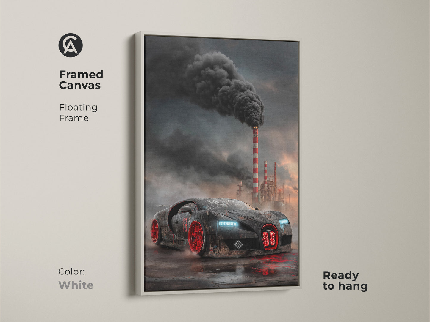 A framed canvas shows cyberpunk supercar artwork. The dark industrial car print features a black and red vehicle with smokestacks. It has a floating white frame. The automotive artwork is ready to hang. It is ideal for automotive office art or garage man cave decor. Perfect gift for car enthusiasts.