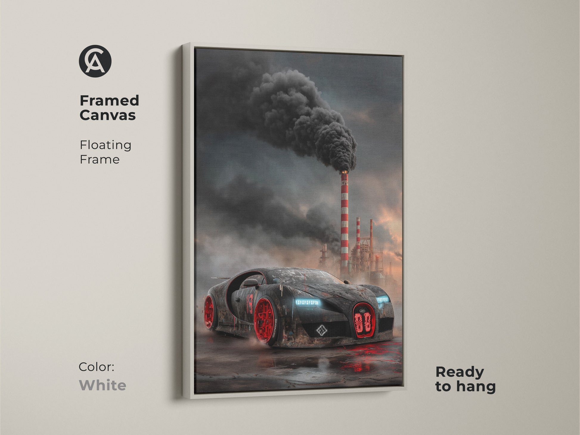 A framed canvas shows cyberpunk supercar artwork. The dark industrial car print features a black and red vehicle with smokestacks. It has a floating white frame. The automotive artwork is ready to hang. It is ideal for automotive office art or garage man cave decor. Perfect gift for car enthusiasts.