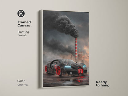 A framed canvas shows cyberpunk supercar artwork. The dark industrial car print features a black and red vehicle with smokestacks. It has a floating white frame. The automotive artwork is ready to hang. It is ideal for automotive office art or garage man cave decor. Perfect gift for car enthusiasts.