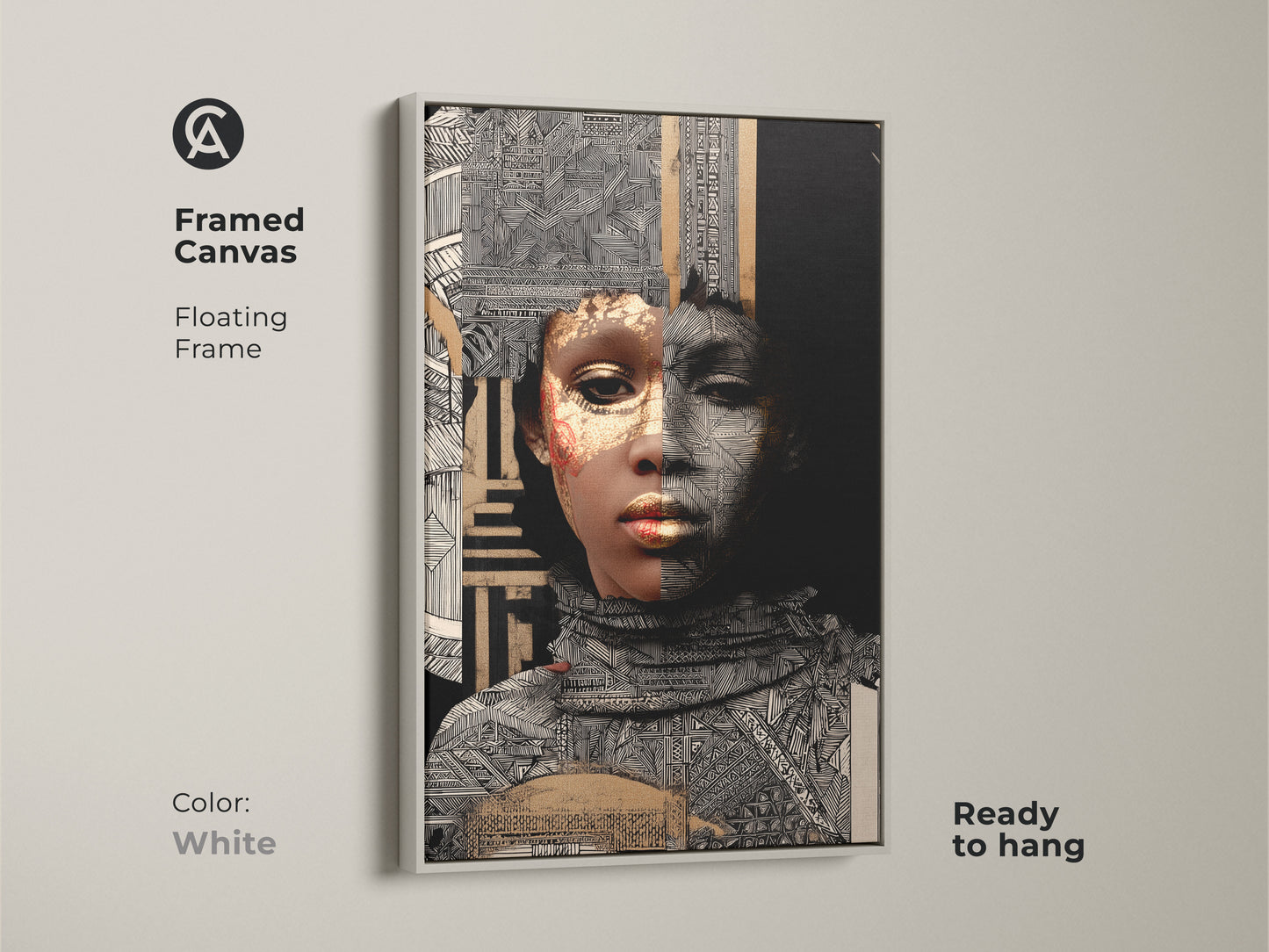 White framed canvas showcasing an African woman. Gold geometric prints complement the black and white canvas. Ready to hang it is ideal for cultural collage decor and eclectic portrait art.