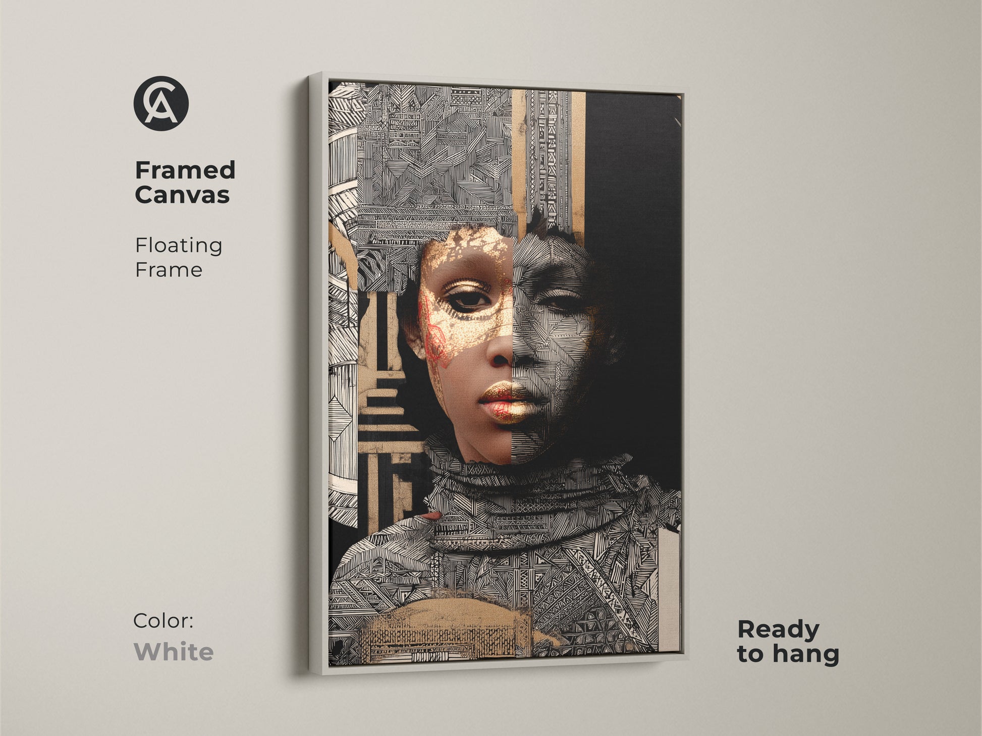 White framed canvas showcasing an African woman. Gold geometric prints complement the black and white canvas. Ready to hang it is ideal for cultural collage decor and eclectic portrait art.