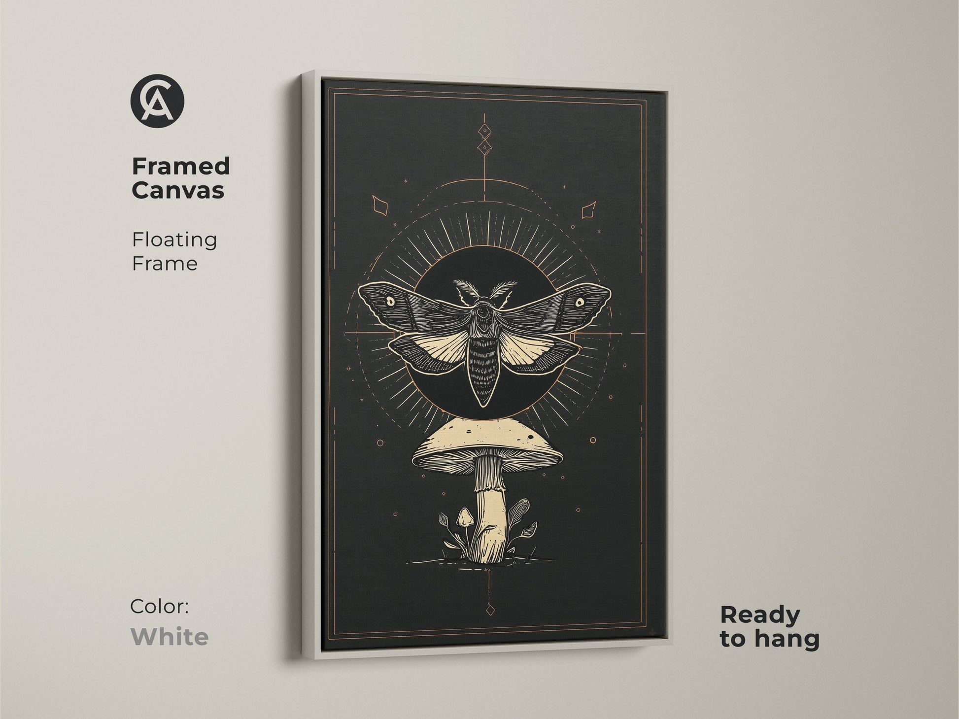 Framed canvas with a floating frame showcasing a Gothic-inspired moth and mushroom artwork. The white frame enhances the dark academia art print. It features an occult mushroom decor and celestial insect art. Ready to hang this botanical moth print adds brightness.