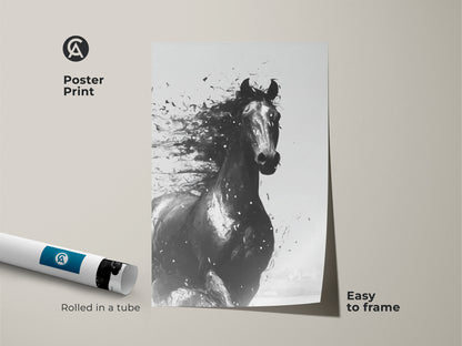 Abstract horse poster print rolled in a tube. Black and white equine art easy to frame. Contemporary animal wall art for minimalist decor. Perfect for horse lovers seeking modern artwork.
